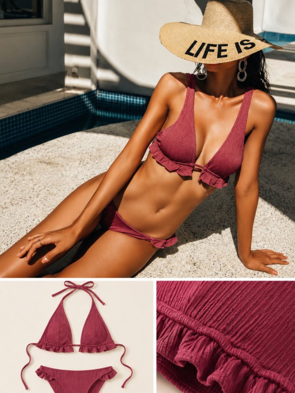Ruched Ribbed Triangle Bikini Set Women's Mauve Halter Tie Side Swimsuit